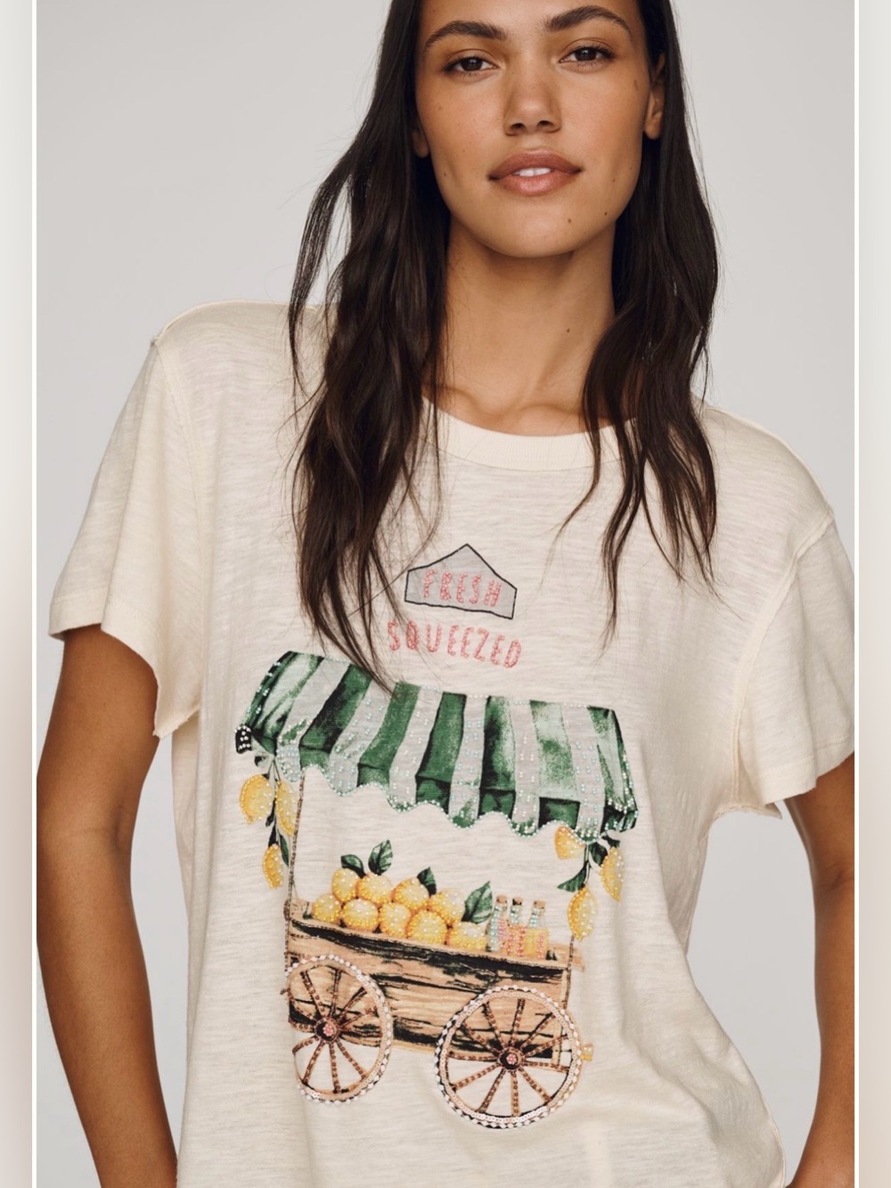 NWT ANTHROPOLOGIE Maeve Ivory Lemonade Stand Beaded Graphic Tee SZ XS RV $98